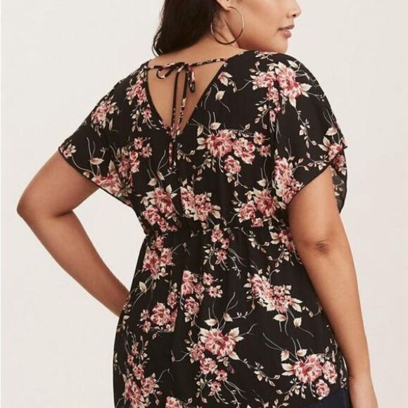 Torrid Deep V-Neck Floral Faux Wrap Georgette Tunic Top - Picture 2 of 7